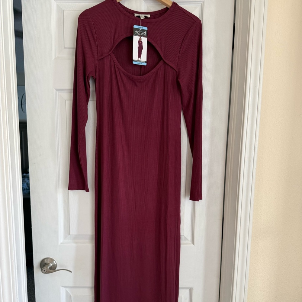 Edited Wine Long Sleeve Midi Dress with Scoop Detail